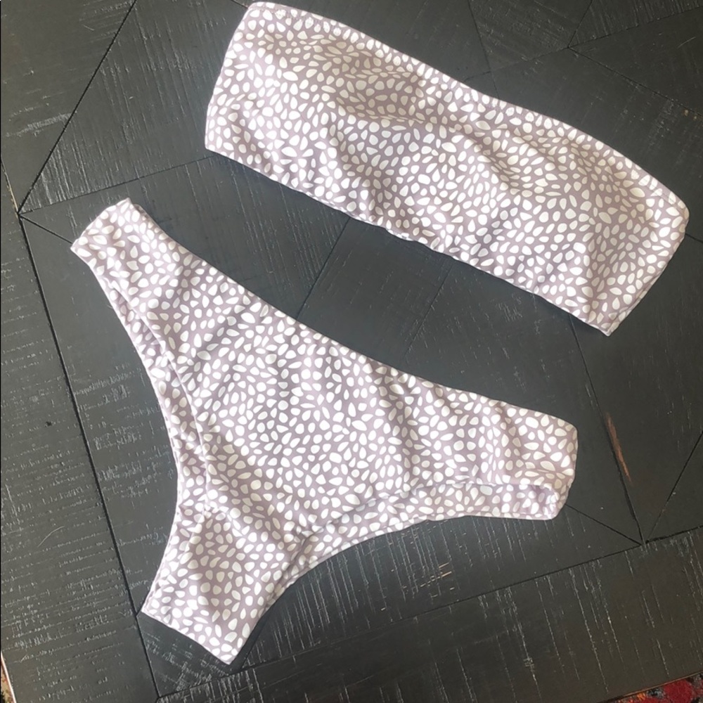 Gray and white print bandeau bikini